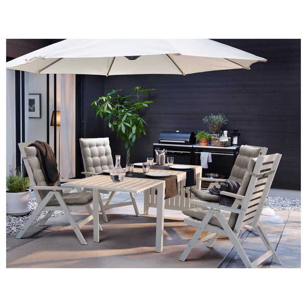 Outdoor patio with white furniture, large umbrella, and rug.