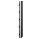 Wall-mounted light fixture MUSIK. Sleek design with stainless steel cover, polycarbonate base, and five evenly spaced round bulbs.