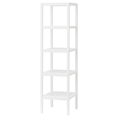 A white MUSKAN shelving unit with four open shelves made of painted aspen wood, ideal for high humidity areas.