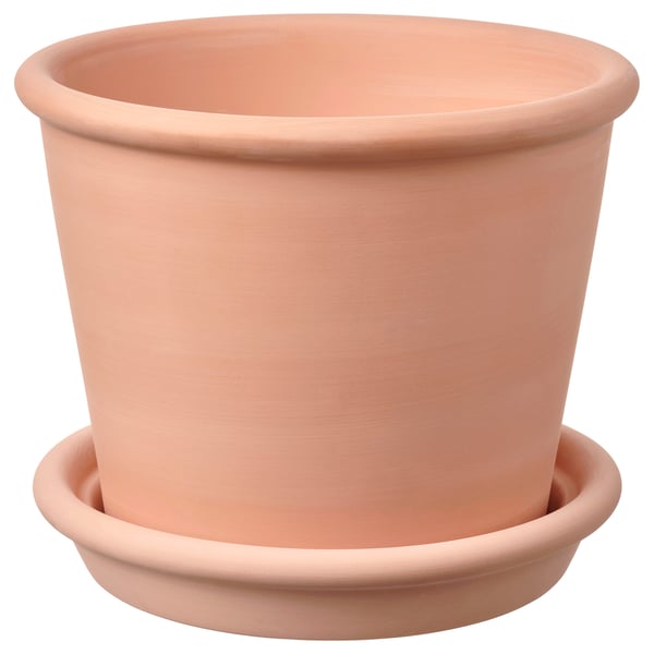 Round terracotta planter with saucer. Frost-resistant, drained, red clay, smooth finish.