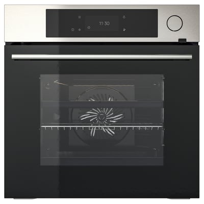 Modern stainless & black built-in oven with digital display and touch controls. Sleek design and large glass door.