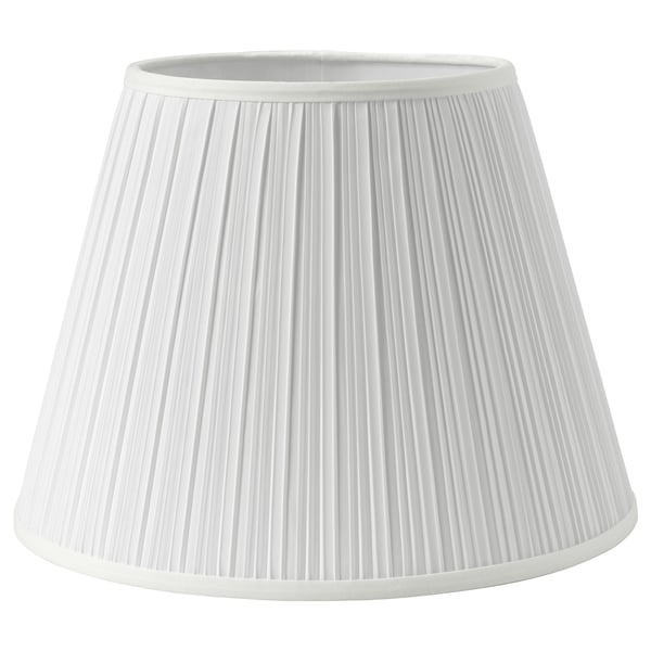 A white MYRHULT lampshade with pleated design, made of polyester, in a classic, rounded shape.