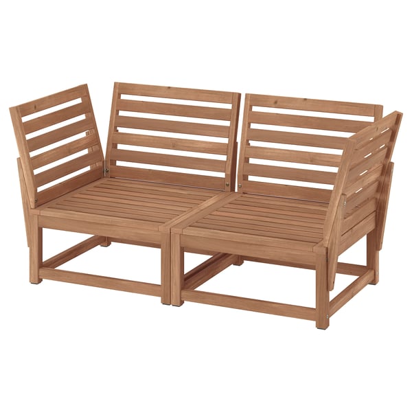 Two-tone brown wooden outdoor loveseat with vertical slatted back and seat.