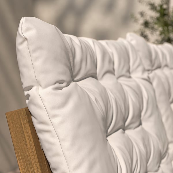 NÄMMARÖ 2-seat sofa, armrests light brown stained/Kuddarna light grey-beige, 147 cm