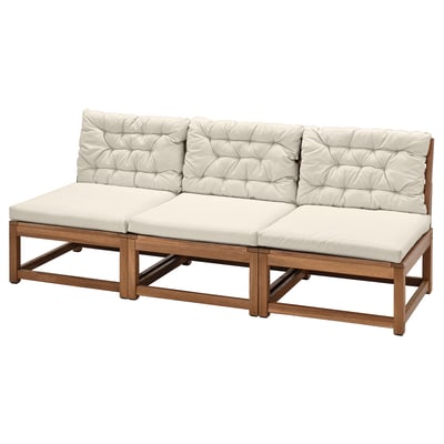 NÄMMARÖ outdoor sofa, light beige cushions, acacia wood frame.