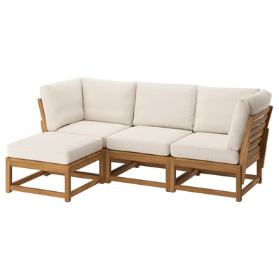 NÄMMARÖ outdoor sectional, beige cushions, acacia wood, l-shape, modern design.