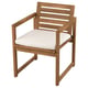Brown wood outdoor chair with armrests and white cushion.