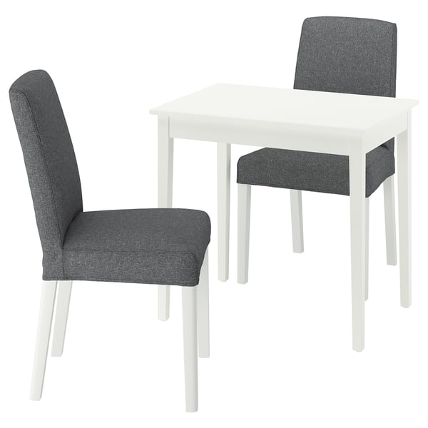 Small white dining set with grey chairs, modern design with upholstered seats.
