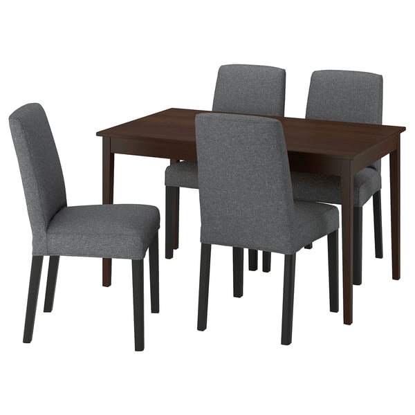Modern dark wood dining set with 4 grey chairs.