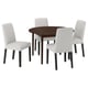 Modern dining set with dark brown round table and four light grey fabric chairs.