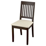 Single dark brown wood chair with beige padded seat, slatted back design.