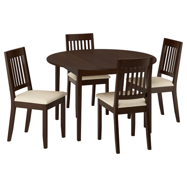 NÄSINGE dark brown round dining table with 4 matching chairs, wooden with beige cushions.