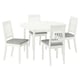 Round white dining set with 4 grey-cushioned chairs.