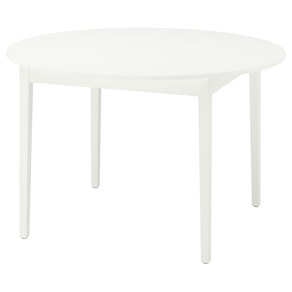 Ikea NÄSINGE round white dining table with smooth top and wooden legs.
