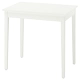 A white NÄSINGE square dining table with melamine top and wooden legs, ideal for small spaces.