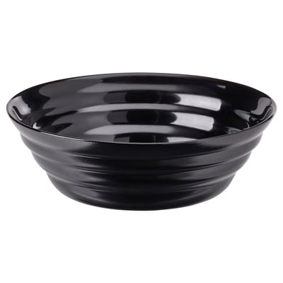 Black, round, glass bowl with a glossy, wavy design.
