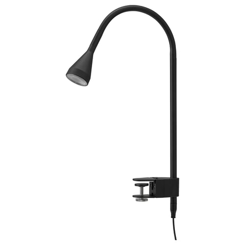 Black NÄVLINGE clamp lamp with flexible gooseneck, pointing led light, sturdy base.