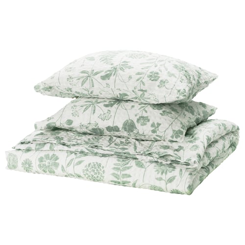 NÅLBJÖRNBÄR bed set, pale green floral, white cotton-viscose, square pillows, seersucker texture.