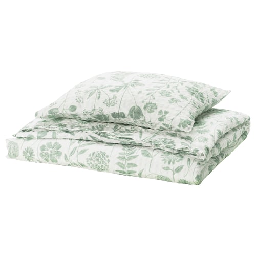 NÅLBJÖRNBÄR Duvet cover and pillowcase, white grey-green/floral pattern, 150x200/50x60 cm