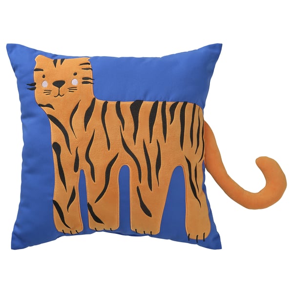 Cute tiger pillow, blue & orange, soft, recycled.