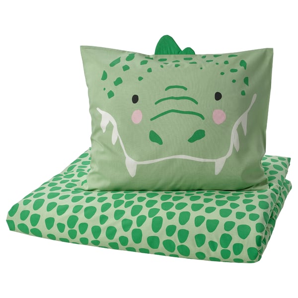 Crocodile-themed kids bedding, duvet with face, spotted pillow, soft cotton-viscose.