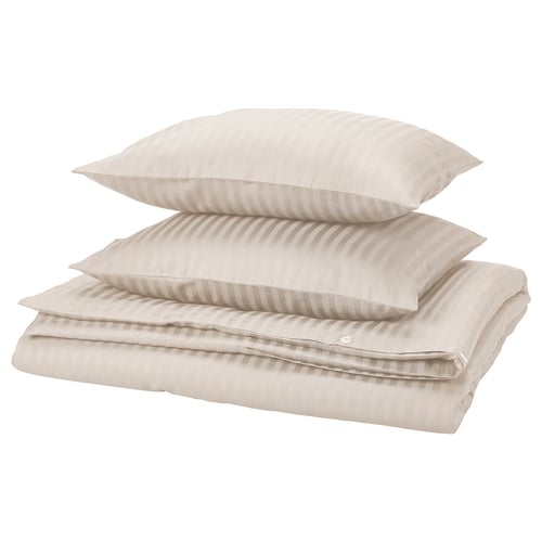 NATTJASMIN bed set, beige, striped, soft sateen, cotton/lyocell, includes duvet cover, 2 pillowcases.