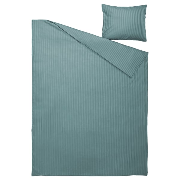NATTJASMIN duvet set, teal, cotton/lyocell stripes, single bed, elegant.