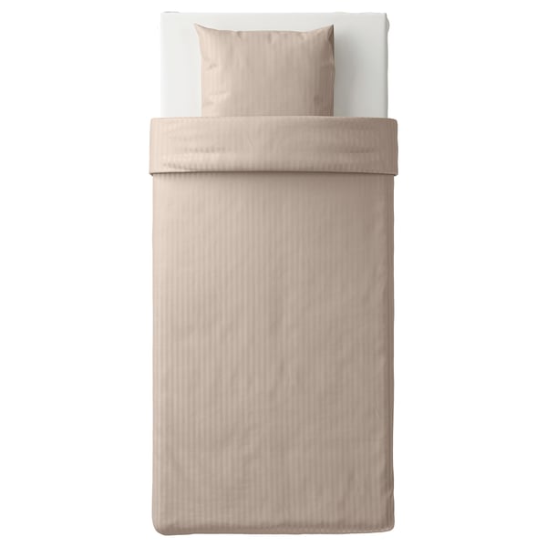 Beige NATTJASMIN duvet set with subtle stripes. Cotton-lyocell blend, soft with moisture absorption. Rectangular, includes cover and pillowcase.