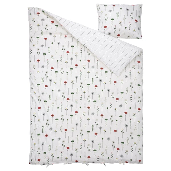 NATTSLÄNDA duvet set. White, floral, cotton-lyocell, rectangular with ribbon closure.