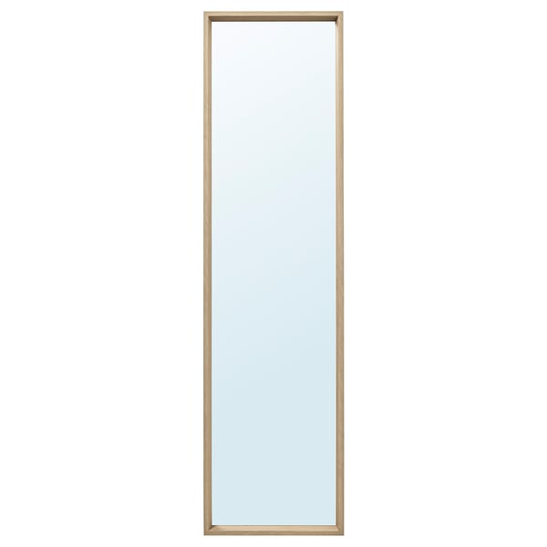 A NISSEDAL mirror with a rectangular frame in a light brown colour. The mirror can be hung vertically or horizontally and has a minimalistic design.