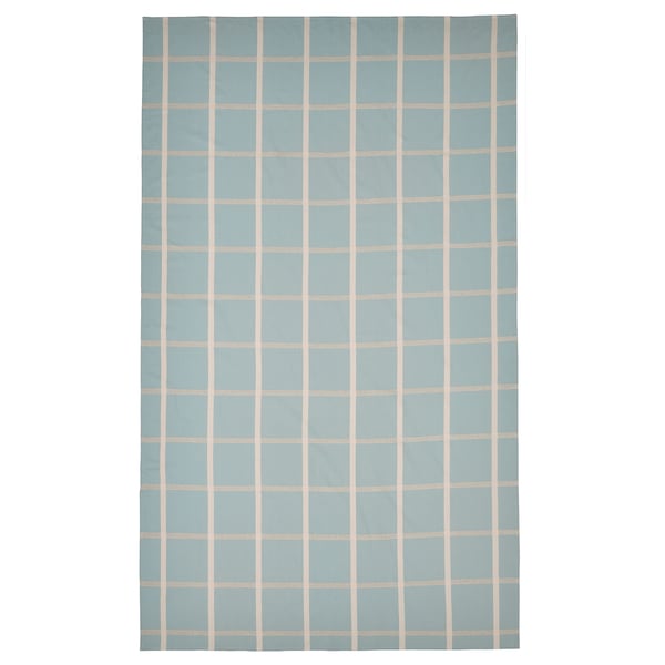 NISSÖGA tablecloth, light blue grid pattern, cotton-jute blend, rectangular, elegant design.