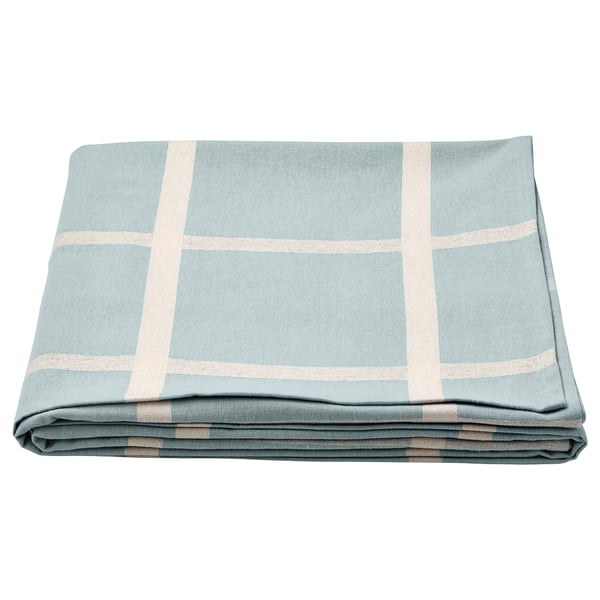 NISSÖGA teal tablecloth, square, plaid design, cotton & jute blend.