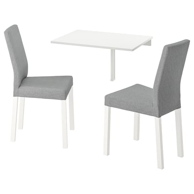 Image white NORBERG drop-leaf table and gray chairs. Modern, minimalist design with melamine table top and fabric chairs.