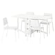 White NORDEN extendable dining table with 4 stackable chairs, modern design.