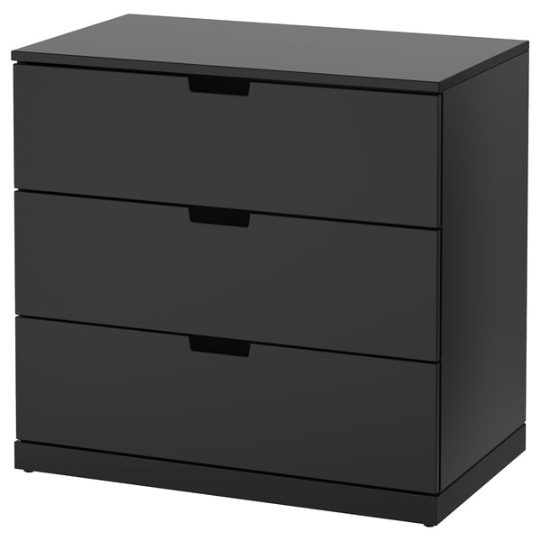 NORDLI black chest of 3 drawers. Modern design, smooth runners, wall-attachable.