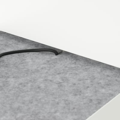 Black metal headboard with integrated bedside shelves and cable management holes.