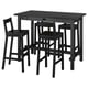 Black bar table set with four matching stools, modern design with rectangular table and backless stools. Table has drawer, sleek and functional.