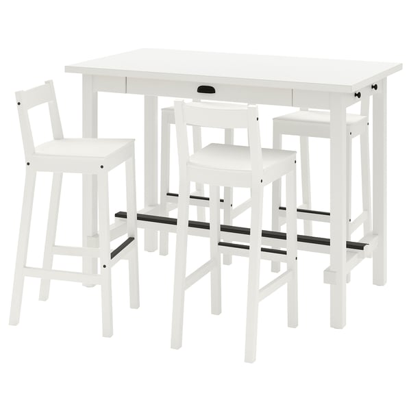 A white NORDVIKEN bar set with a table and chairs featuring a storage drawer and hooks for functionality.