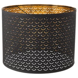 NYMÖ lampshade: black & gold polyester, fish scale pattern, casts intricate light.