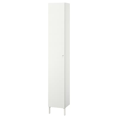 A white NYSJÖN tall bathroom cabinet with a single door and metal legs.