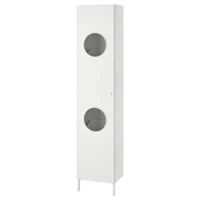 A white NYSJÖN tall cabinet with two circular cut-out doors, designed for storage.