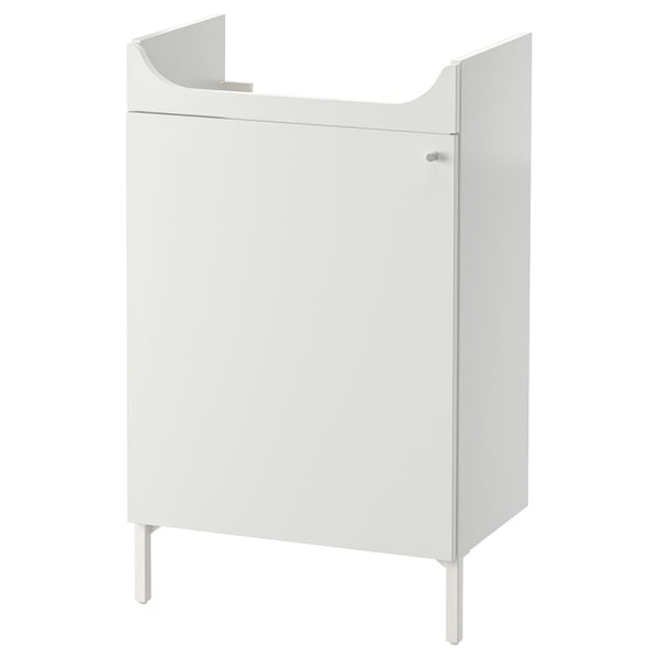 A white NYSJÖN base cabinet for a washbasin. It a single door and is designed to save space with ample storage inside.