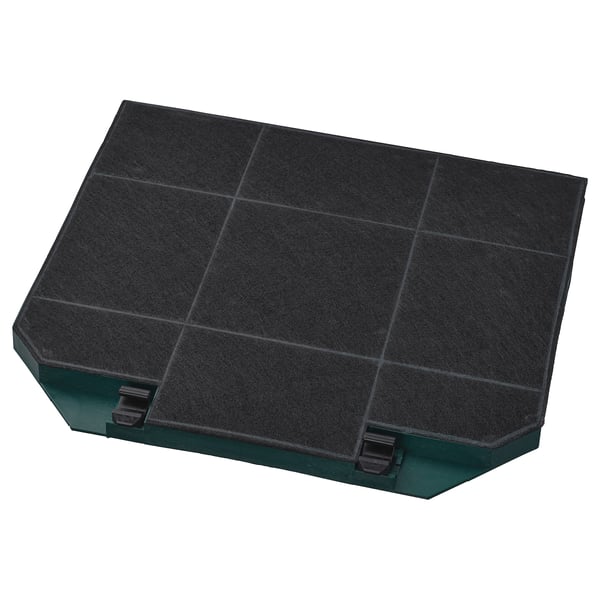 Black rectangular charcoal philtre in green casing. Designed for kitchen air recirculation, absorbs cooking smells.