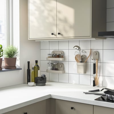 Modern kitchen with white tiles; small grey-beige wall organisers hold utensils and bottles, blending seamlessly into serene decor.
