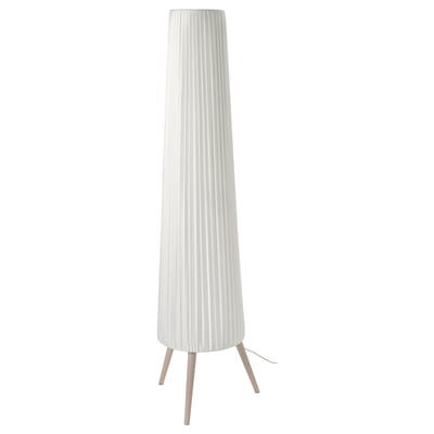 ÖKENSAND floor lamp: tall, white pleated shade, slim wooden legs, modern design.