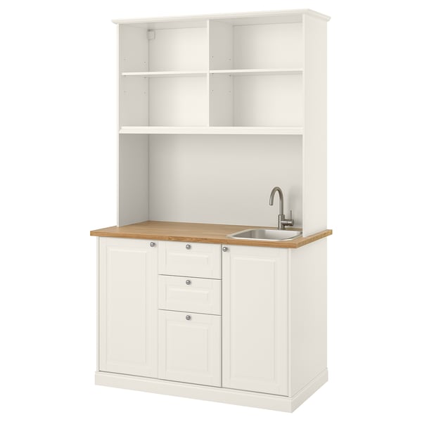 The ÖNNERUP kitchenette white cabinets, wooden countertop, single bowl sink, and open shelves. Ideal for compact spaces.