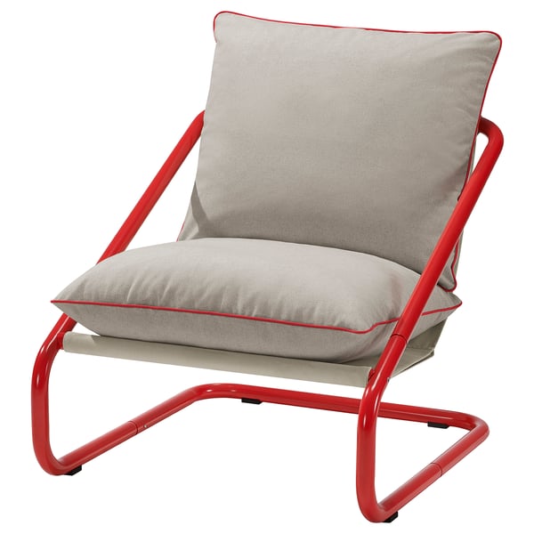 ÖNNESTAD chair: bright red steel frame, beige cushions, retro design, soft padding.