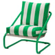 Modern green metal chair with green and white striped cushions.