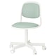 Depicts an adjustable desk chair named ÖRFJÄLL in white with light green padding. It five wheels, a curved backrest, and a round seat for comfort.