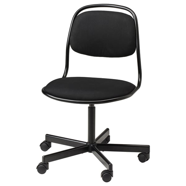 A modern black office chair with a curved back, adjustable height, and wheels.